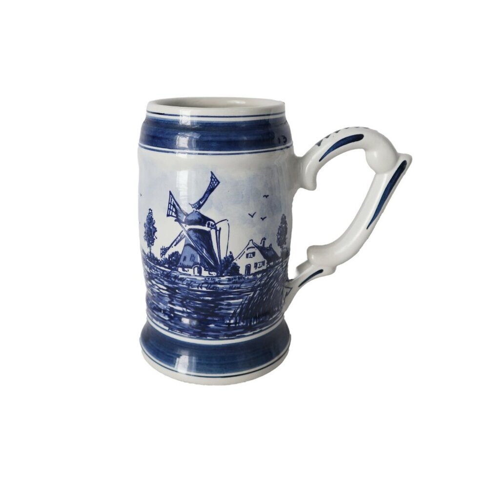Vintage Delft Blue Mug with Lid Windmill Holland Delftware Delfts Beer Stein Tan